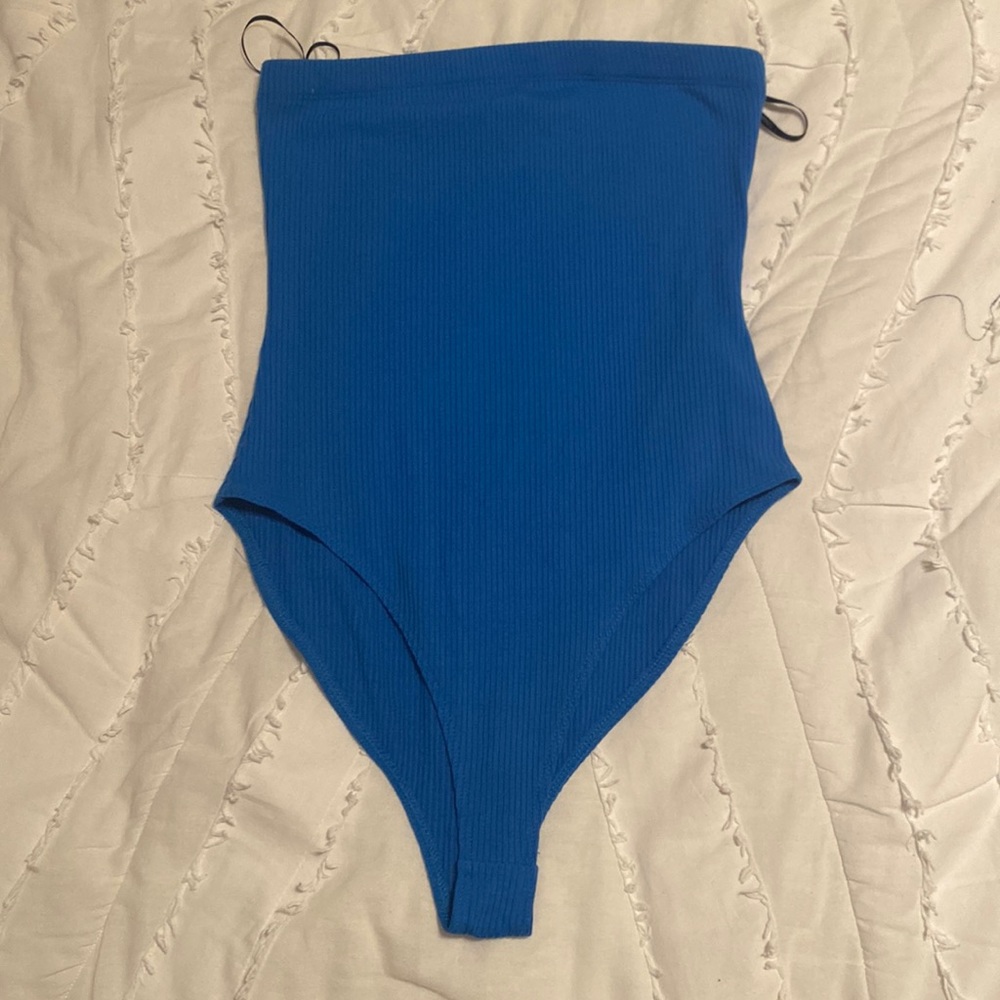 Forever 21 Blue Ribbed Strapless Bodysuit